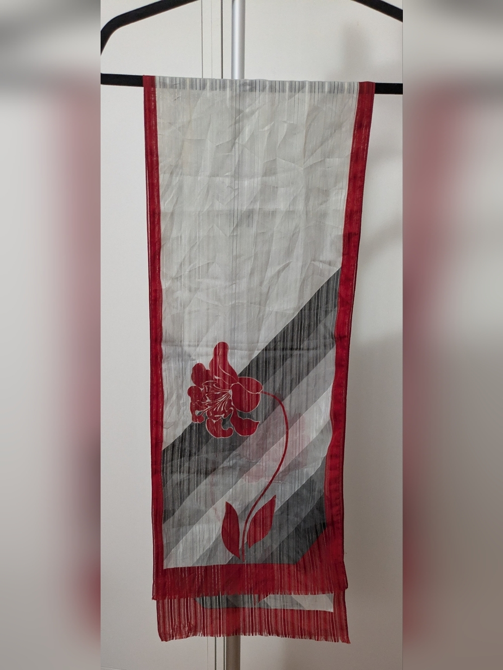 Vintage Red Trim Floral Scarf with Gray Diagonal Stripes